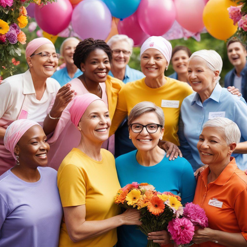 A dynamic composition featuring a diverse group of cancer survivors in a supportive circle, sharing their stories with expressive gestures. The background illustrates a vibrant community setting with banners promoting advocacy and education, symbolizing transformation and hope. Bright colors and uplifting elements like blooming flowers represent resilience and triumph over adversity. super-realistic. vibrant colors. soft focus.