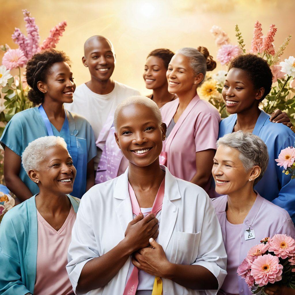 A comforting scene depicting a diverse group of cancer survivors supporting each other, surrounded by symbols of hope such as ribbons, flowers, and healthcare resources. The background shows a warm light radiating softly, creating an atmosphere of encouragement and resilience. Include a subtle representation of a path symbolizing the journey of healing. super-realistic. warm colors. soft focus.