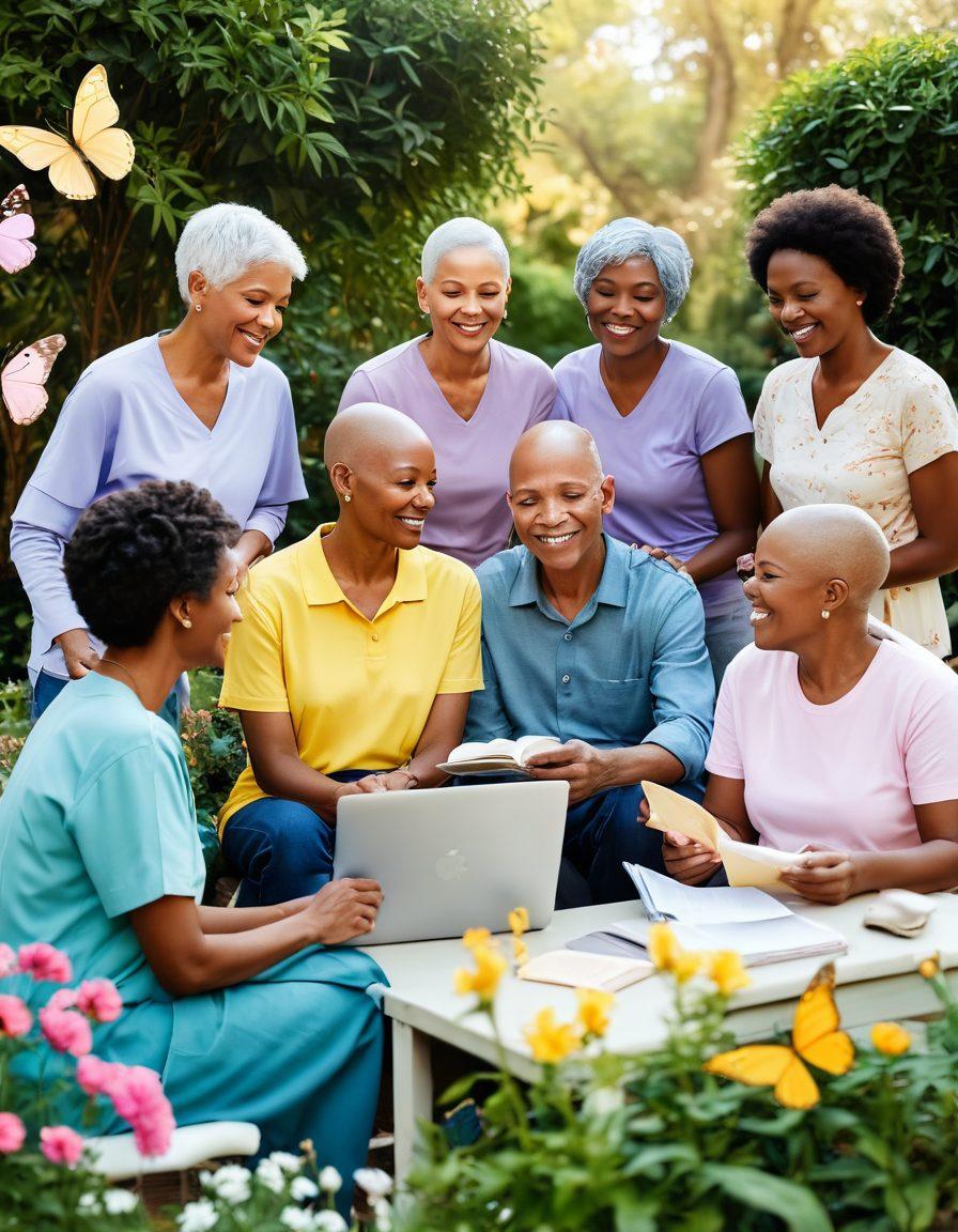 A warm, inviting scene depicting a diverse group of cancer survivors sharing their stories in a supportive community setting. Include symbols of hope like butterflies and blooming flowers, along with resources such as pamphlets and a laptop showing advocacy information. The backdrop should be a serene garden, radiating positivity and resilience. soft color palette. super-realistic.